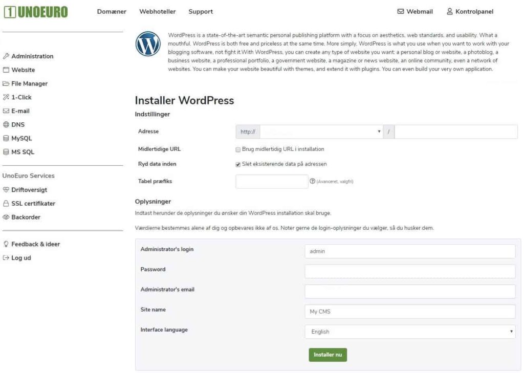 1-Click Install af WordPress hos Simply.